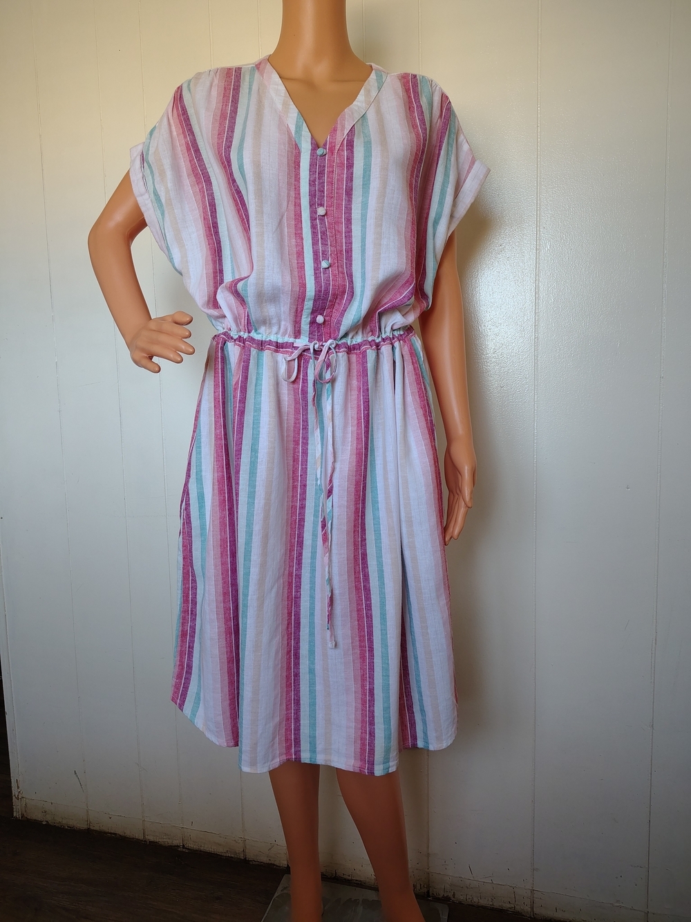 Time and Tru Pink, Teal and White Striped Button-Front Midi Dress